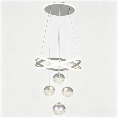 Grey LED Crystal Pendant Light with Glowing Canopy, Adjustable Hanging Cords, Modern Ring Chandelier for Kitchen Dining Room