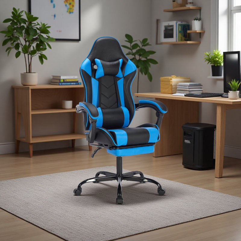 Chaise de jeu avec repose-pieds, chaise d'ordinateur ergonomique avec appui-tête et support lombaire, chaises de jeu vidéo à hauteur réglable en matériau respirant pour adultes