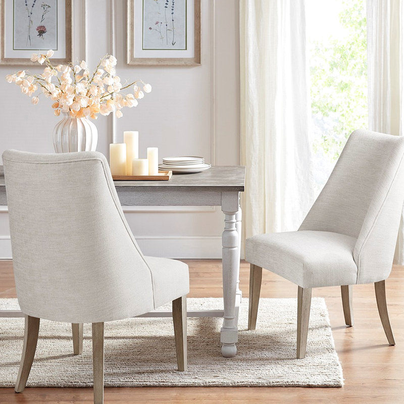 Dining Chairs   Of 2  - High Back Support, Solid Wood Legs Reclaimed Finish Upholstered 2 Back, Biscuit
