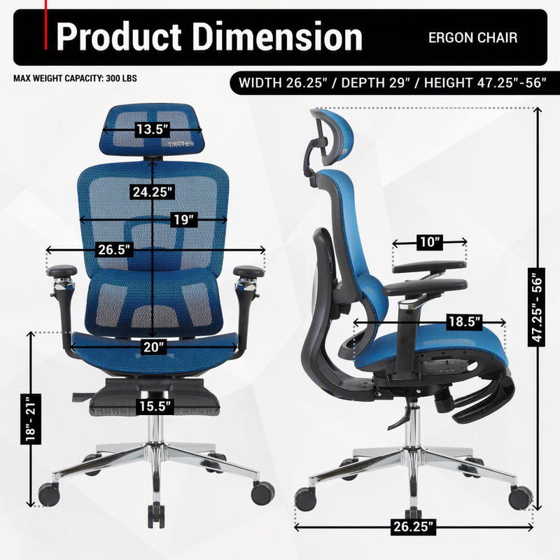 Chaise de bureau ergonomique en maille avec accoudoirs 5D et repose-pieds rétractable, bleue, Bleu, Bleu