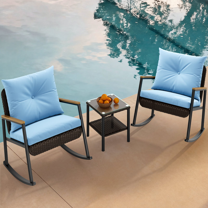 3 Piece Patio Furniture Set With Thick Cushions And 2-tier Glass Coffee Table, Blue