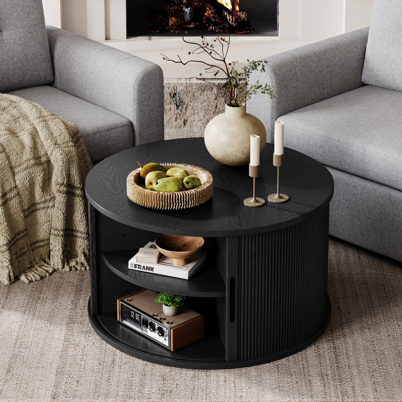 Table basse ronde avec grand rangement Leathia, Noir, Standard Top/1 Cabinet