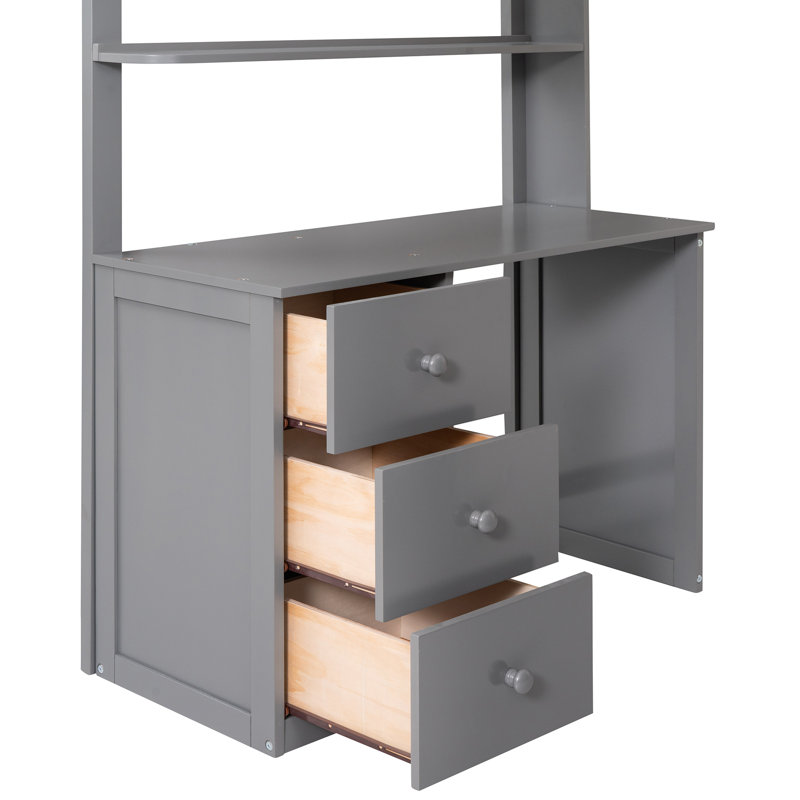Lit mezzanine avec tiroirs, bureau et garde-robe, Gris, Simple
