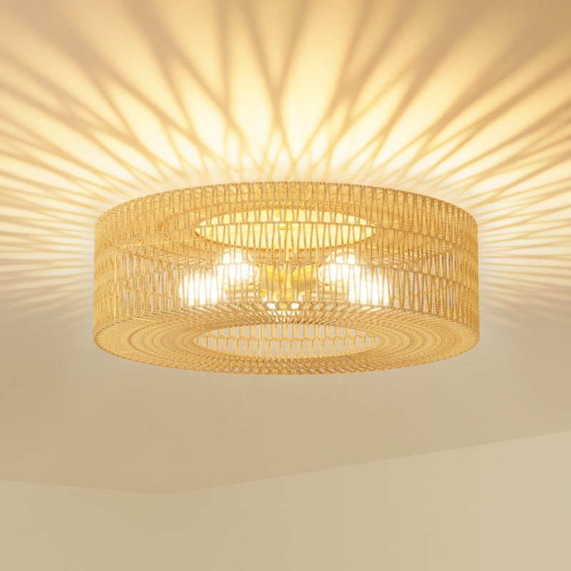 24" Boho Rattan Ceiling Light,5-Light Modern Farmhouse Rattan Light Fixture With Dimmable E26 LED Bulb Gold Handmade Ceiling Lamp For Dining Room,Hallway,Bedroom,Foyer And Kitchen