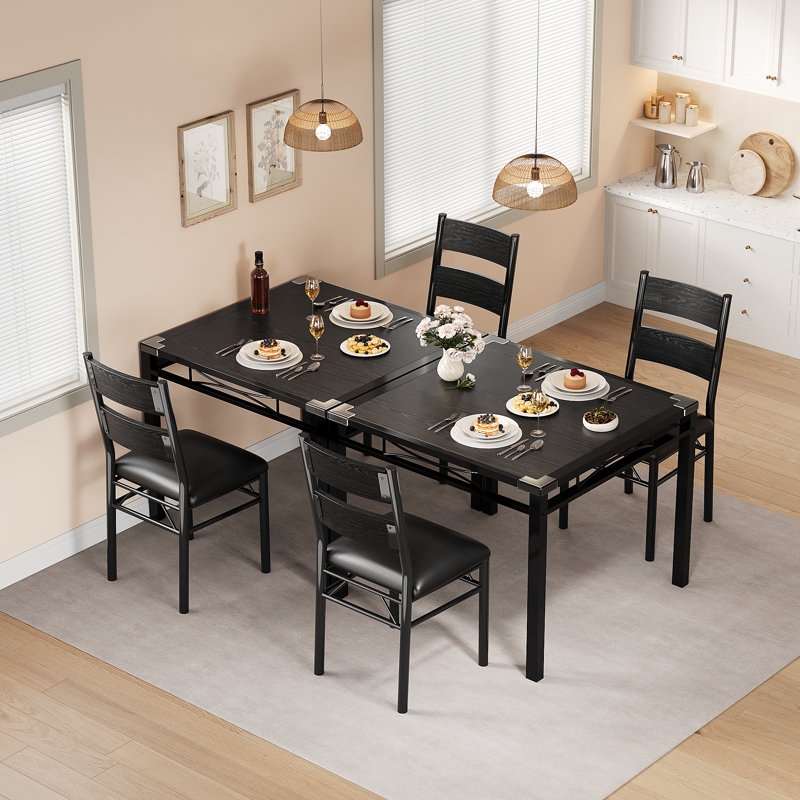 Ensemble de table et chaises de salle à manger moderne de 2 pièces peu encombrant - Table en bois avec sièges rembourrés, structure en métal et protections d'angle - Noir classique pour petites cuisines et appartements