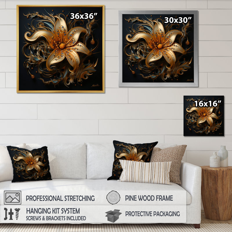 Impression sur toile Golden Lily Flower Glam On Black I, H 24 po x l 24 po x P 1 po, Cadre flottant doré