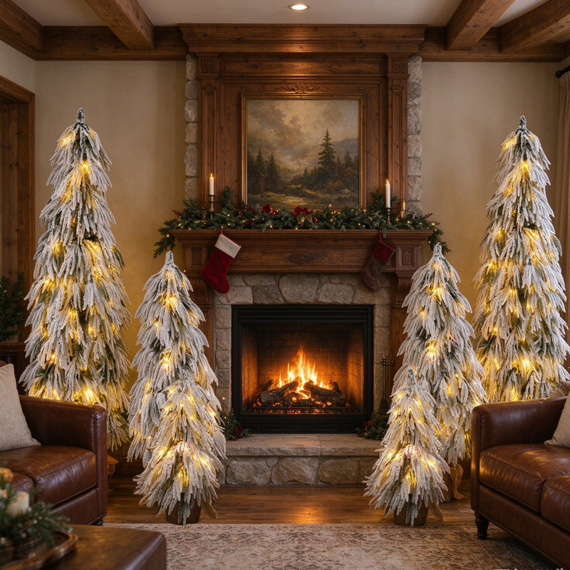 Ensemble de 6 sapins de Noël artificiels pré-illuminés et floqués – Sapins crayon artificiels de 90 cm / 135 cm / 180 cm avec 235 lumières DEL blanc chaud et multicolores, 11 modes d'éclairage et base en pot rustique en toile de jute – Décoration de Noël peu encombrante pour le salon, l'entrée et le porche