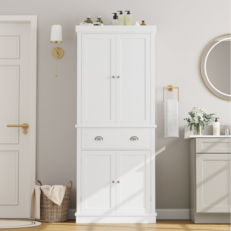 Taeko 30″ W x 72″ H Freestanding Bathroom Cabinet With 4 Doors, Storage Wood Tall Cabinet With Center Drawer, White, White