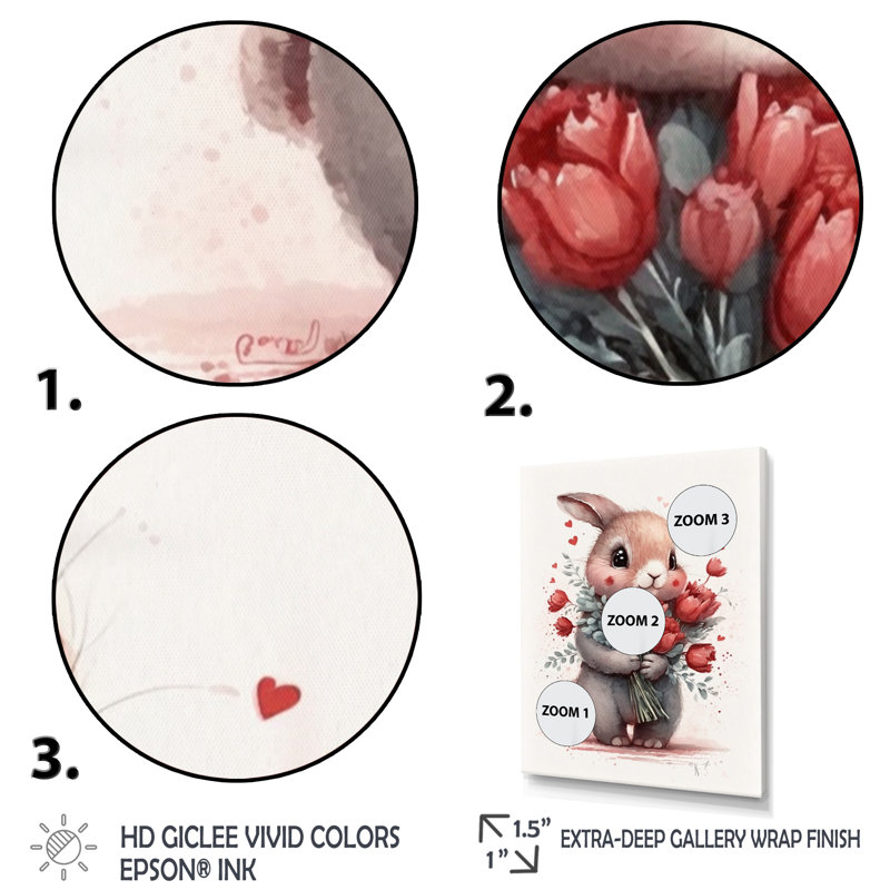 «Bunny Love Holding Flowers I», reproduction sur toile, L 12 po x H 20 po, Toile avec cadre flottant or