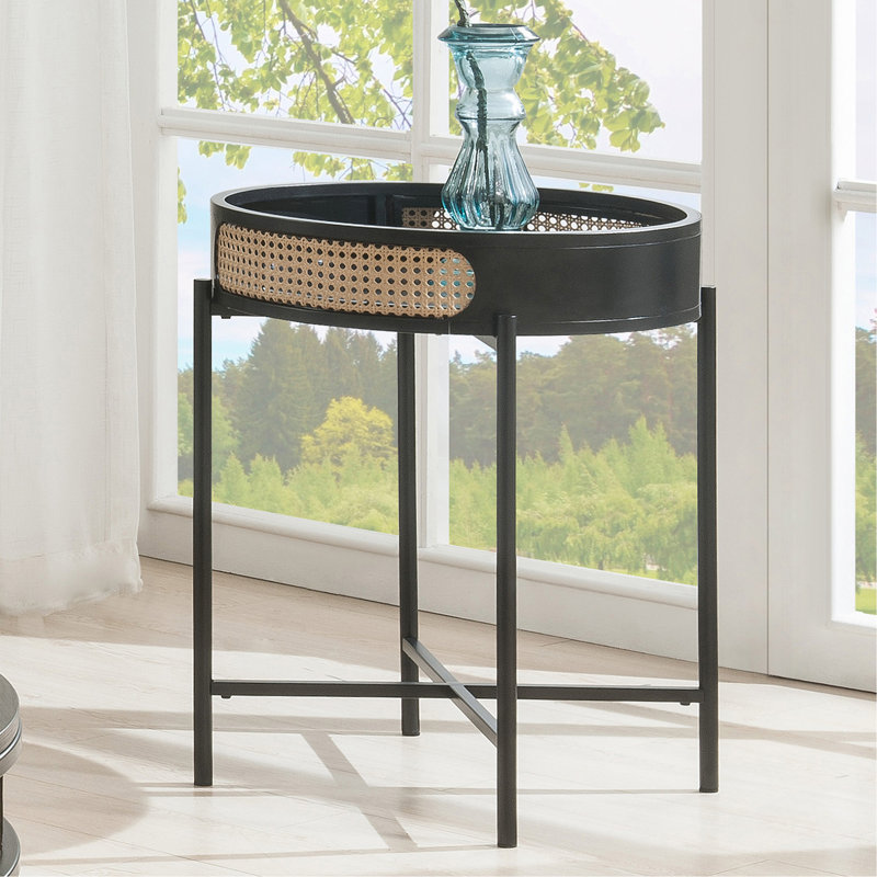 Table de bout ronde avec plateau ouvert et pieds en métal au fini noir