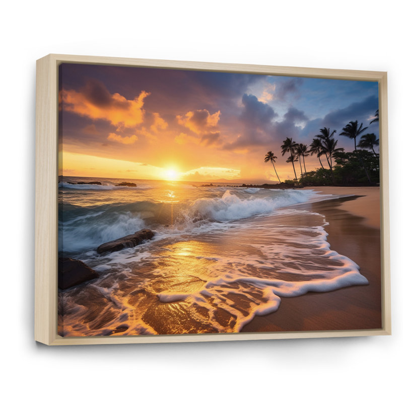 Photo de plage, coucher de soleil, Serenade IX - art mural plage côtière, H 16 po x l 32 po x P 1 po, Cadre flottant érable