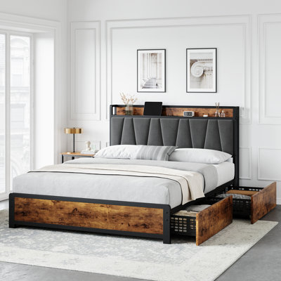 Queen Size Industrial Platform Bed Frame with 3 Storage Drawers, Upholstered Headboard with Storage Shelf, Rustic Wood & Metal Bed Frame, Heavy Duty Steel Slats, No Box Spring Needed for Bedroom