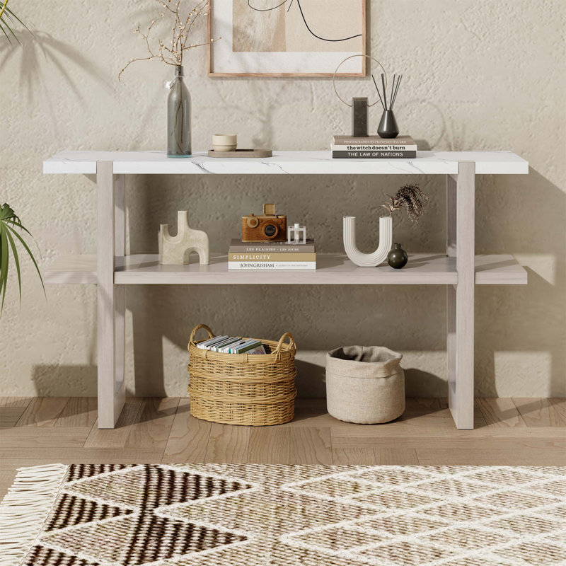Narrow Console Table with Marble Effect Top, Retro Entryway Table with Open Shelf, Grey Wash