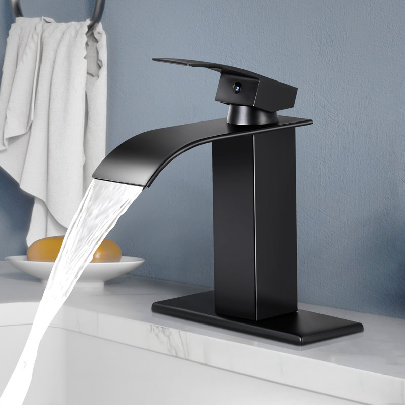 HGN Waterfall Spout Bathroom Sink Faucet Stainless Steel without Pop-Up Drain, Matte Black