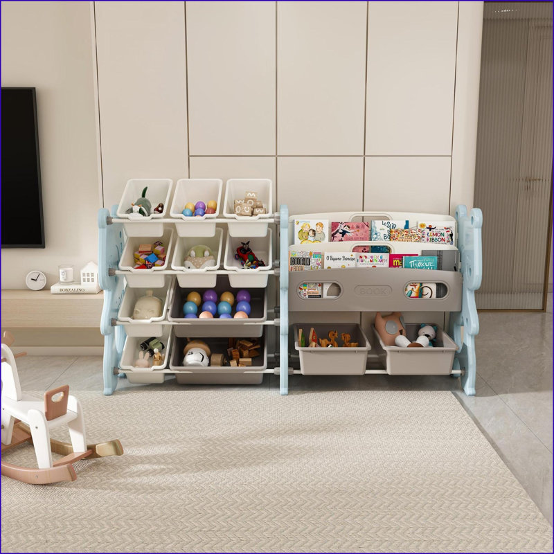 Rangement pour jouets pour enfants, bibliothèque à 2 niveaux et 12 bacs | Bleu marine | Polyéthylène, Bleu