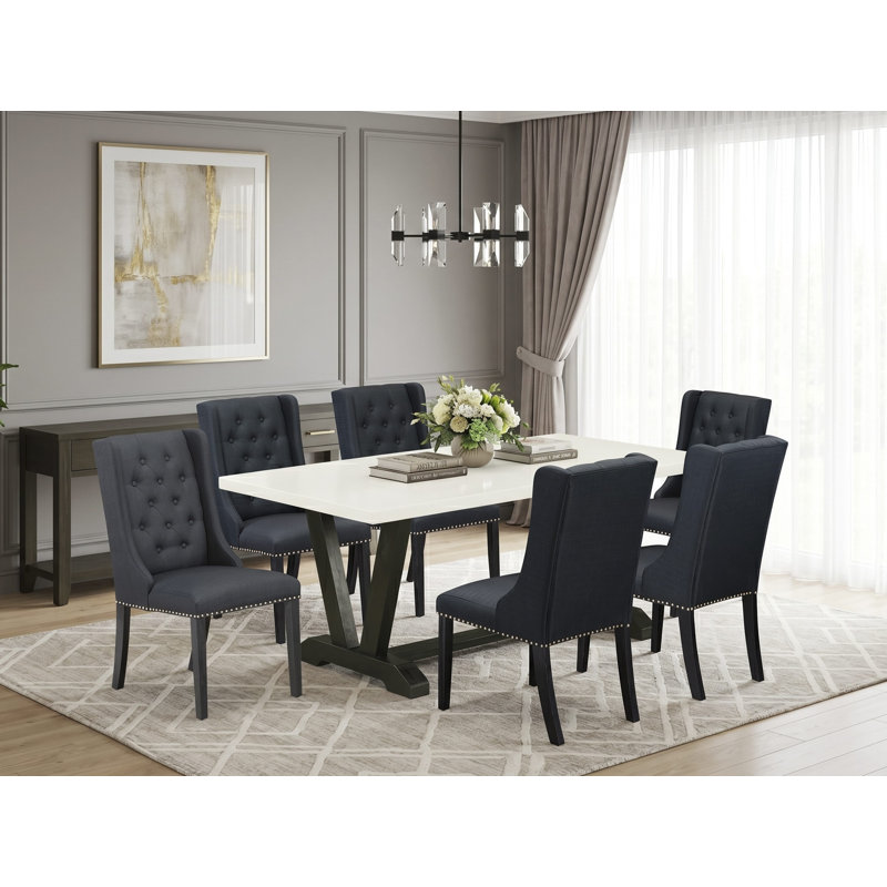 Ensemble de table de cuisine 7 pièces - 6 chaises de salle à manger en tissu de lin noir capitonné avec têtes de clous et table de salle à manger en lin blanc (blanc cassé) - finition noire brossée