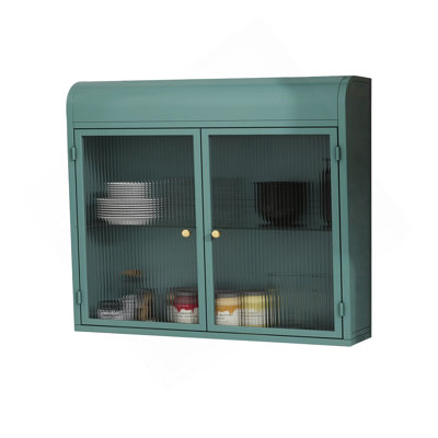 Armoire de rangement murale en métal à 2 portes Army Green avec portes et tablettes en verre trempé pour salle de bain, cuisine, salon et bureau