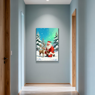 Noël père Noël avec renne dans la forêt enneigée