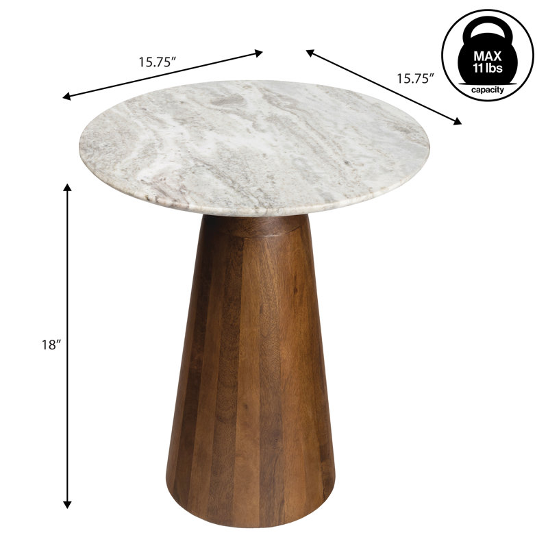 Kaito 18" Modern Round White Marble End Table, Natural Stone Top Accent Side Table with Tapered Honey Solid Wood Pedestal Base