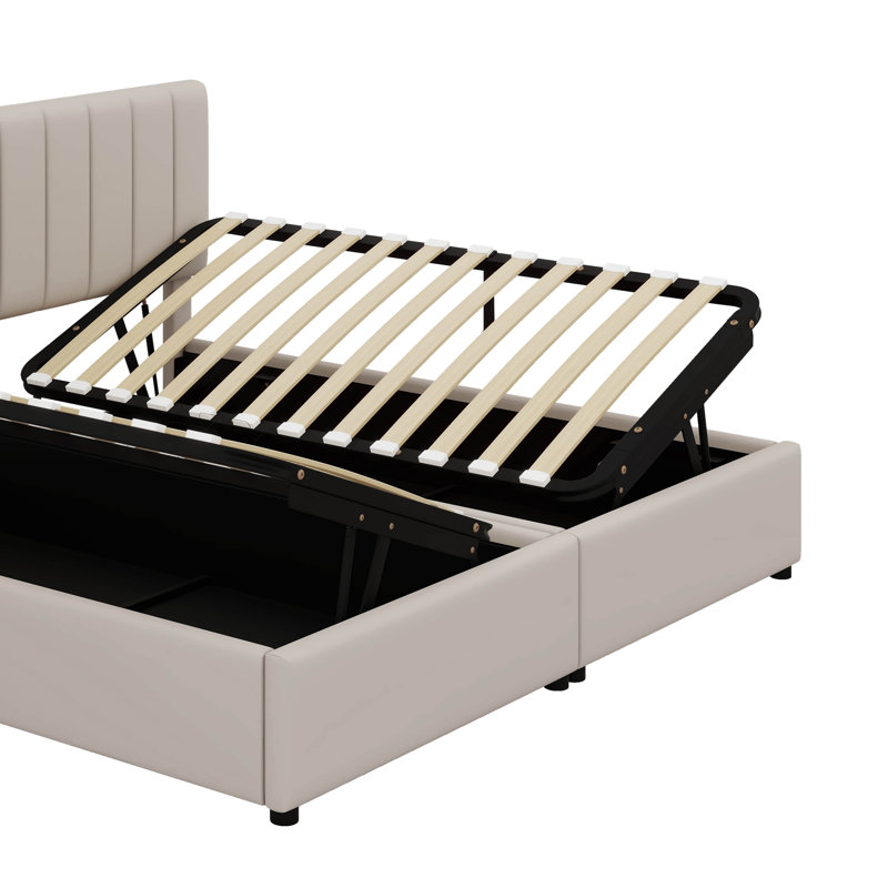 Lit plateforme tapissier très grand avec unité de rangement hydraulique, Beige