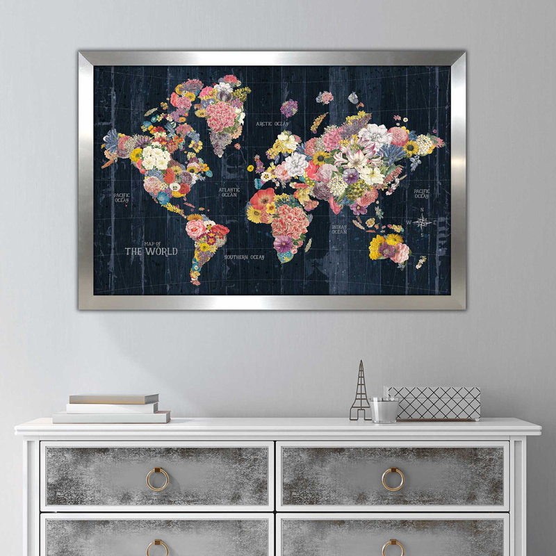 Botanical Floral Map Words - impression d'art graphique, H 27,5 po x l 39,5 po x P 0,75 po, Encadrement argenté