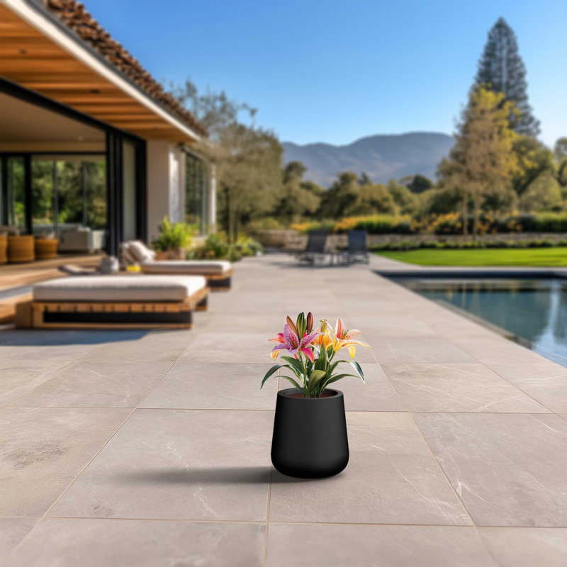 Large Concrete Round Planter / Pot With Drainage Holes, 12.2" H x 11.81" W x 11.81" D, Gris anthracite (intérieur amélioré)