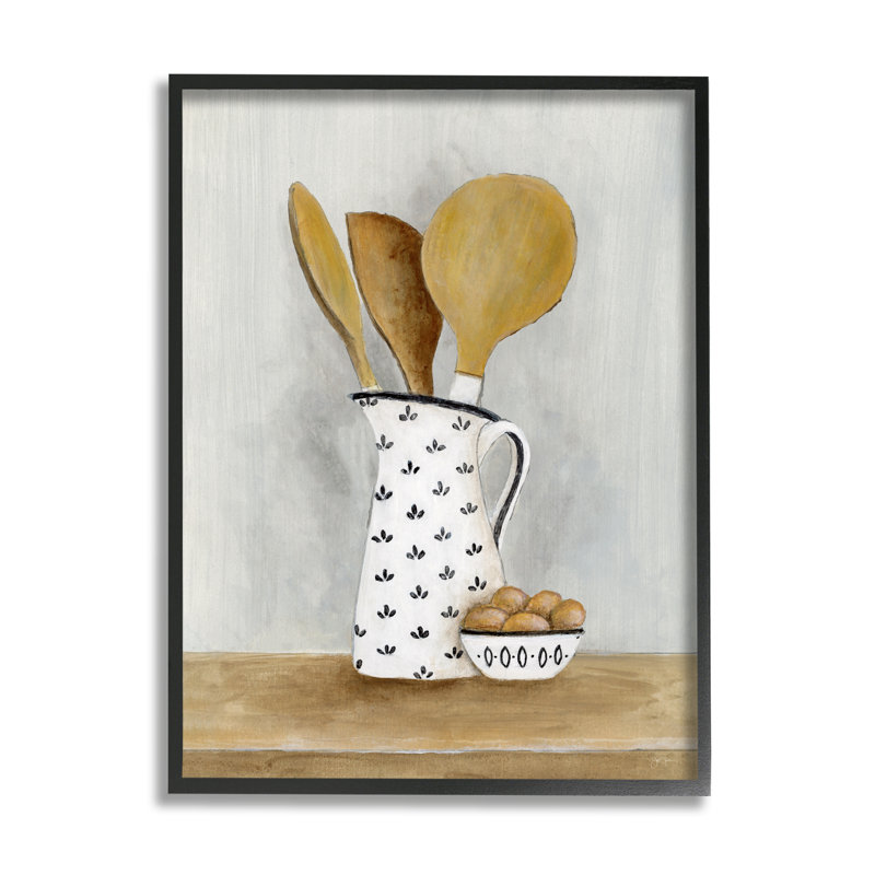 Nature morte aux ustensiles de cuisine et aux ustensiles, encadrée sur bois par Janet Tava, peinture, L 20 po x H 16 po