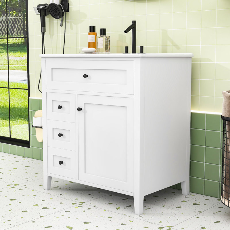 Meuble-lavabo moderne avec rangement spacieux, panneau de fibres à densité moyenne durable et tablettes réglables, Blanc