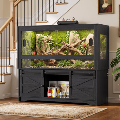 Enclos pour reptiles avec ensemble d'armoires assorties, réservoir à ouverture frontale de 60 gallons, terrarium avec support, porte de grange coulissante et prise de courant encastrée de 47 po x P 17,7 po, avec plateau en filet pour serpents / lézards / geckos / tortues