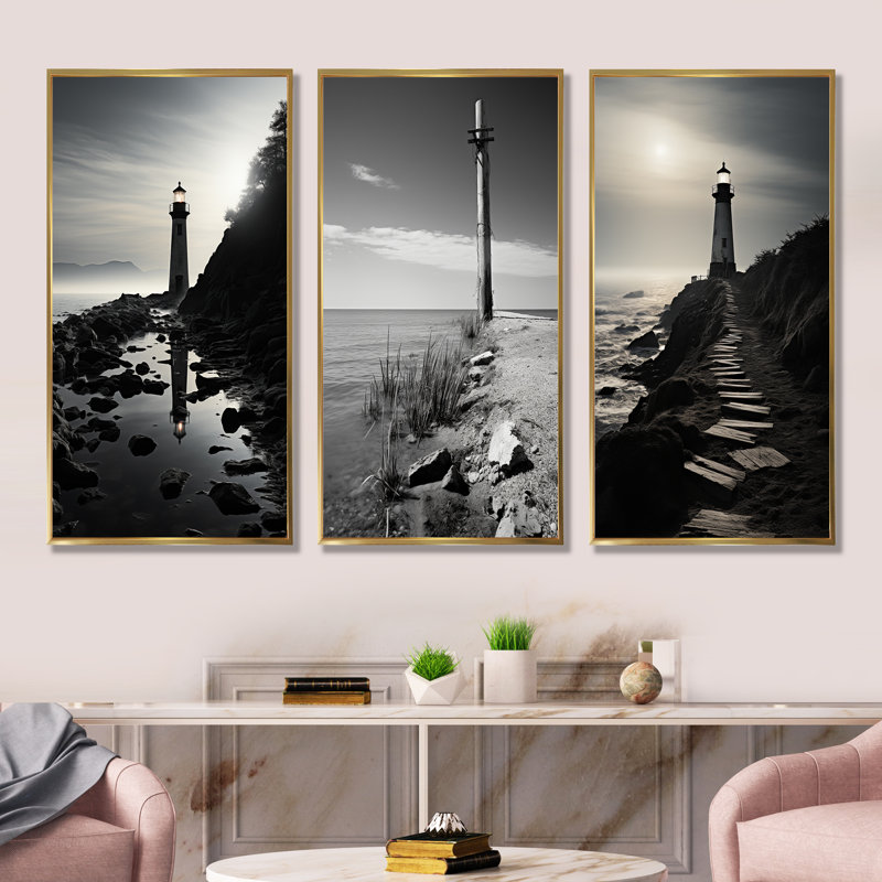Phare, paysage d'imitation, ensemble d'art mural sur toile, 3 phares, Cadre flottant doré, H 28 po x l 36 po
