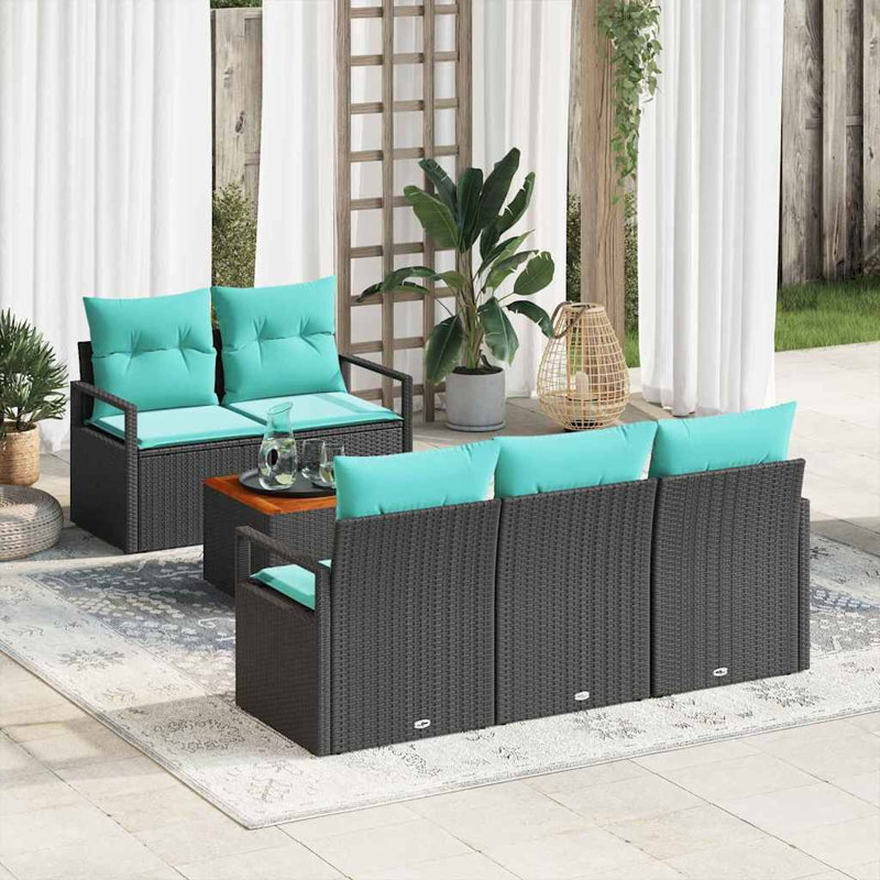 Ensemble de canapé de jardin vidaXL 6 pièces en rotin de polyester noir et turquoise