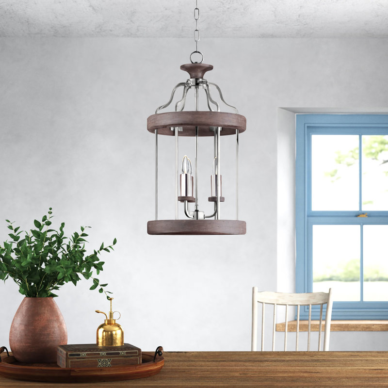 Lustre cylindrique 3 lumières lanterne Arkaitz, Nickel poli / bois gris