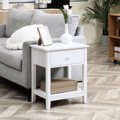 White 2 End Table With Drawer And Shelving, Ideal For Living Spaces, 13.43 Inches Deep Side Storage, Versatile Room,