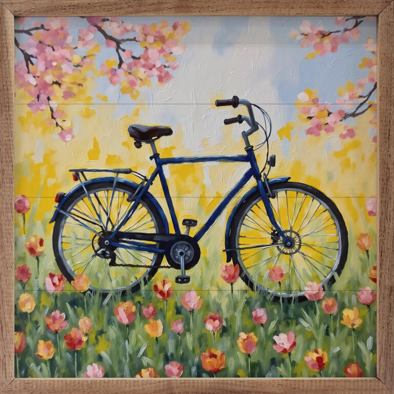 Vélo bleu dans un champ de tulipes, H 8 po x l 8 po
