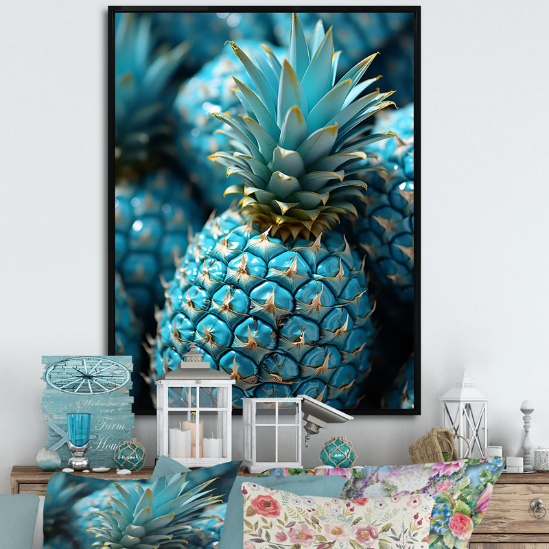 «Blue Pineapples Photo I», art mural ananas, H 40 po x l 30 po x P 1,5 po, Cadre flottant noir