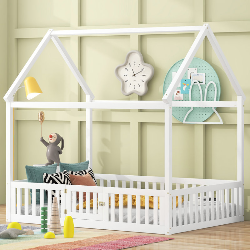 Lit blanc en bois pleine grandeur avec clôture, porte et stabilité durable charmant, Lit double, Blanc
