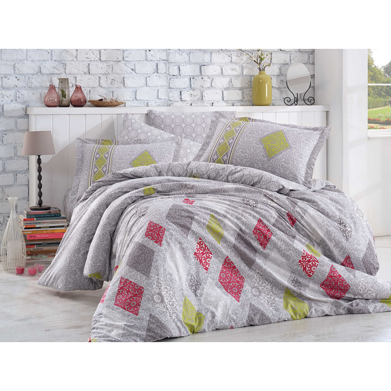 Ensemble de housse de couette simple 100% coton, gris, rouge et vert | Housse de couette 63 x 87, drap plat 63 x 95, taie d'oreiller 20 x 28 | Lavable à la machine, 152 fils, fermeture à boutons | Literie douce, durable et élégante