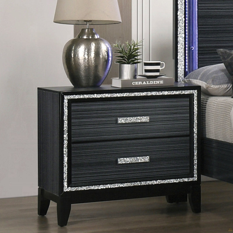 Nightstand With Two Drawers Wooden 1Pc Shimmering, Black