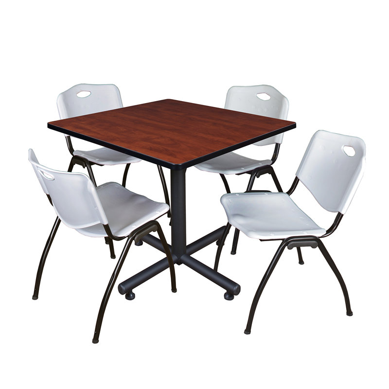 Table de salle de repos carrée Nicklo, chaises empilables 4 M, Cerisier, Gris