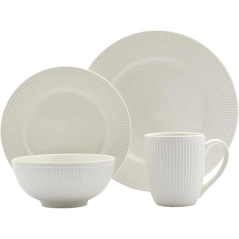 Tabletops Gallery Fleur 16 Piece Dinnerware Set Embossed Bone White Porcelain (Dinner Plate, Salad)