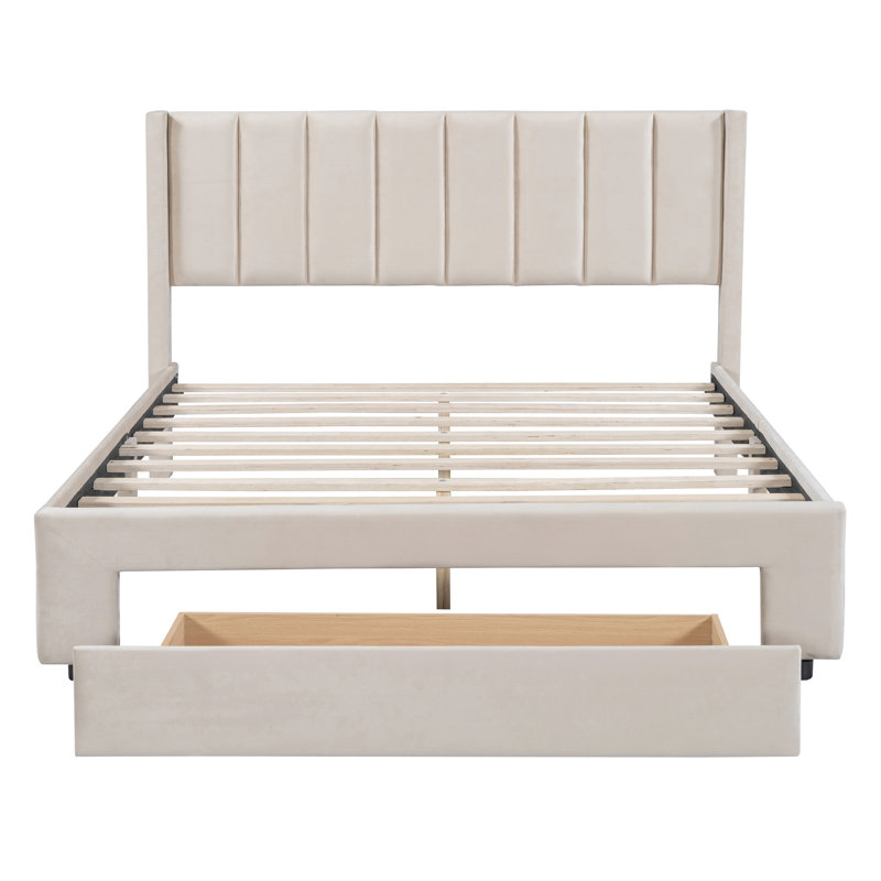 Copher Velvet Upholstered  Storage Platform Bed,Bed Frame, Beige, Queen