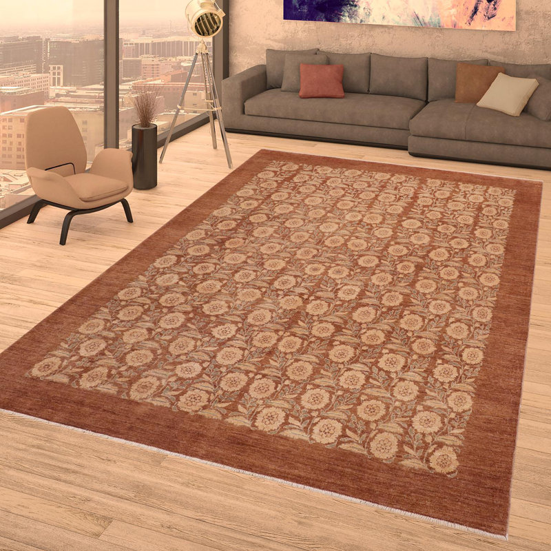 Tapis brun / rouge en laine noué à la main de style oriental rectangulaire 8 pi 1 po x 9 pi 10 po Baccio