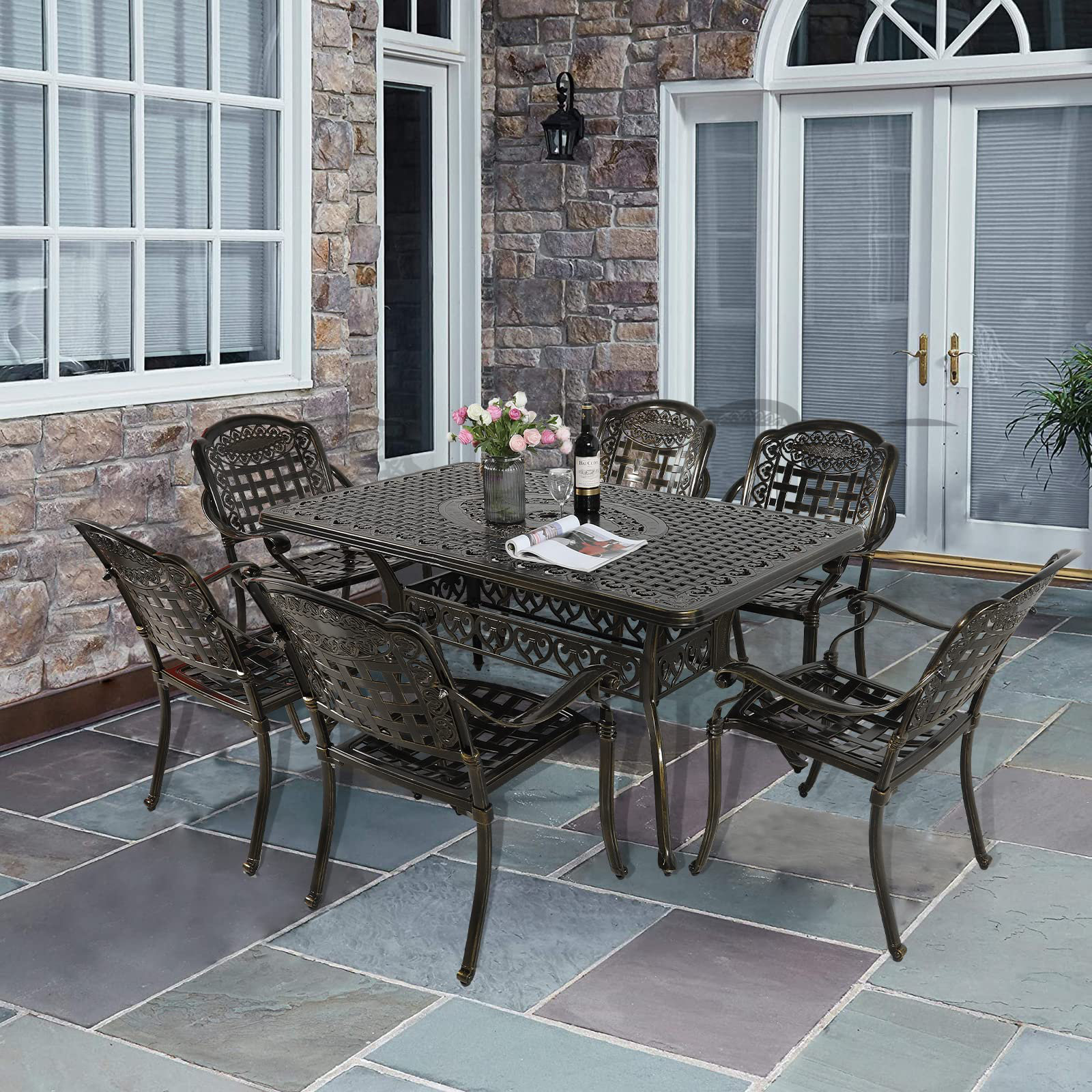 Wrought iron patio discount table and 6 chairs