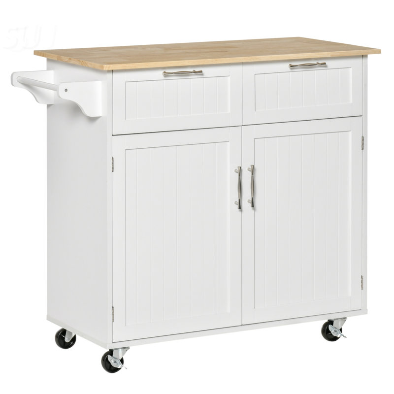 41 Inch Modern Rolling Kitchen Island On Wheels, Utility Cart With Rubberwood Top And Ample Storage, White