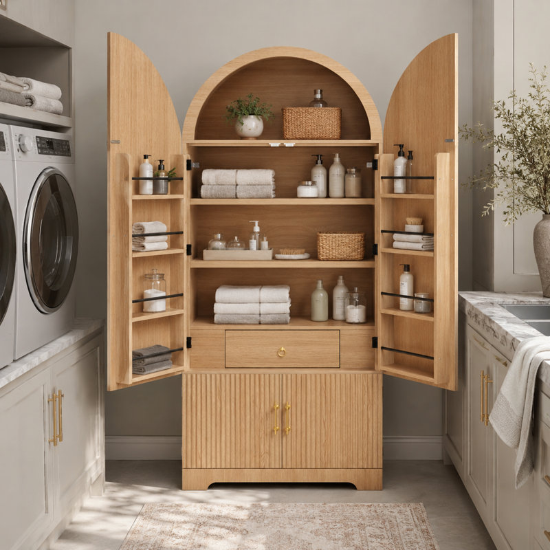 Armoire de salle de bain 72 po avec 8 tablettes, armoires de rangement cannelées avec 3 tablettes réglables et tiroir caché