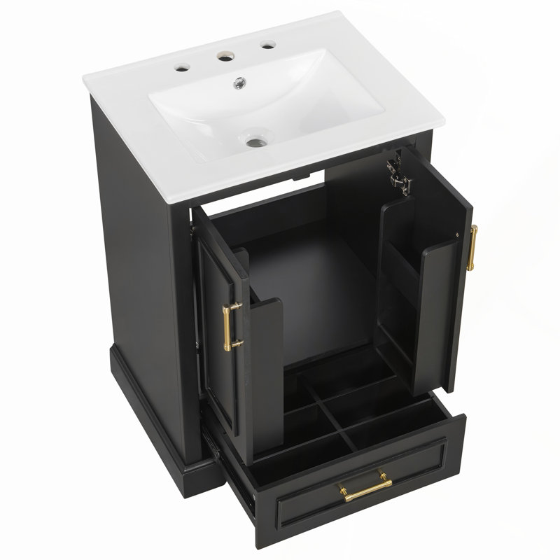 Meuble-lavabo de 24 po avec portes à fermeture en douceur, tiroir basculant et lavabo en céramique pour un rangement élégant