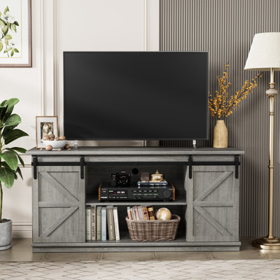 80In Wooden Farmhouse Entertainment Center For 85 Inch Tv,Double Layer Storage Farmhouse Tv Stand,Double-Row Sockets With Wood Sliding Barn Door Tv Stand