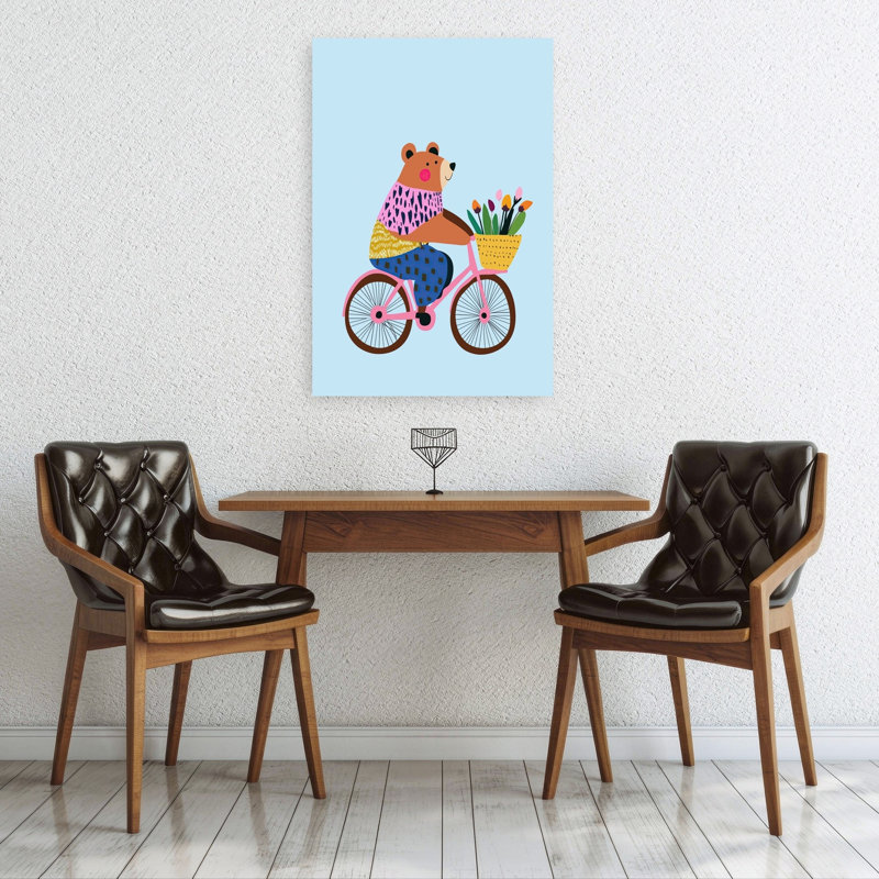 Happy Bear Bike Ride Colorful Playful Whimsical Bear Flower Spring Wall Art Print by Mathieu - Wrapped Canvas Print