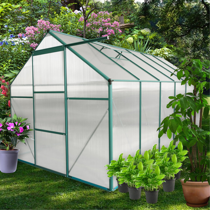 Serre toute saison 6 pi x 12 pi - Polycarbonate avec cadre et base galvanisée bloquant le drainage