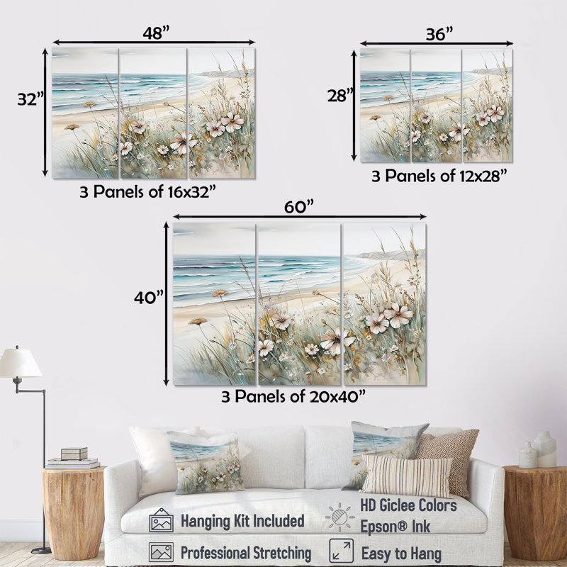 Fleurs sauvages sur la plage I - ensemble d'art mural fleurs sauvages, H 28 po x l 36 po x P 1 po, Toile tendue